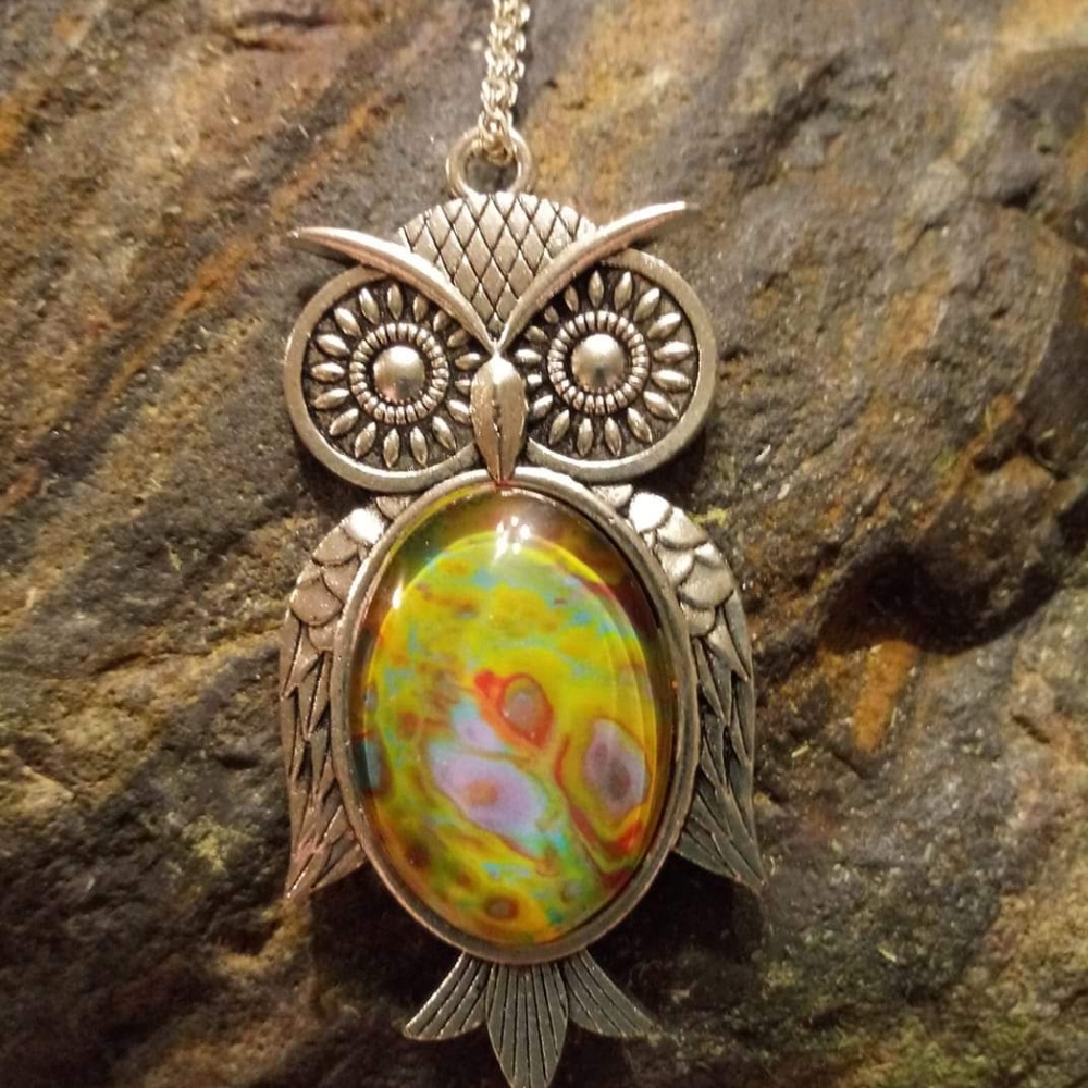 Gorgeous owl pendant hand painted under glass